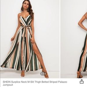 M-Slit Thigh Belted Striped Jumpsuit
